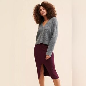 Free People Skyline Burgundy High Rise Slit Ribbed Knit Tight Midi Skirt A24